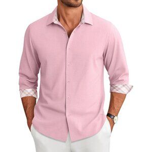 Coofandy Men Pink Long Sleeve Button Down Untucked Regular Fit Dress Shirt